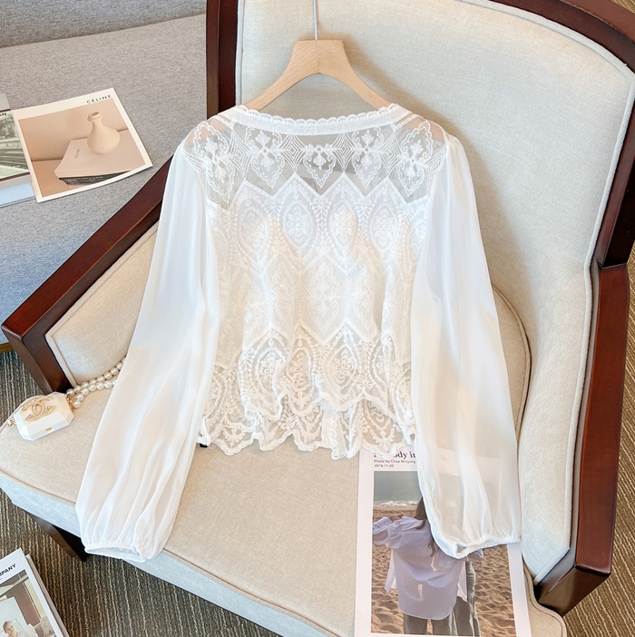 Hollow V-neck cardigan temperament lace shirt for women