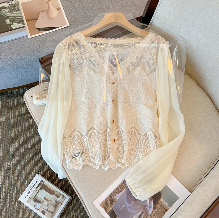 Hollow V-neck cardigan temperament lace shirt for women