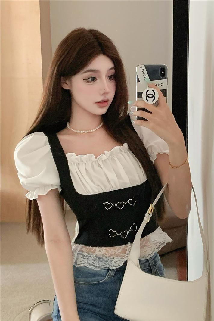 Summer short retro mixed colors square collar tops