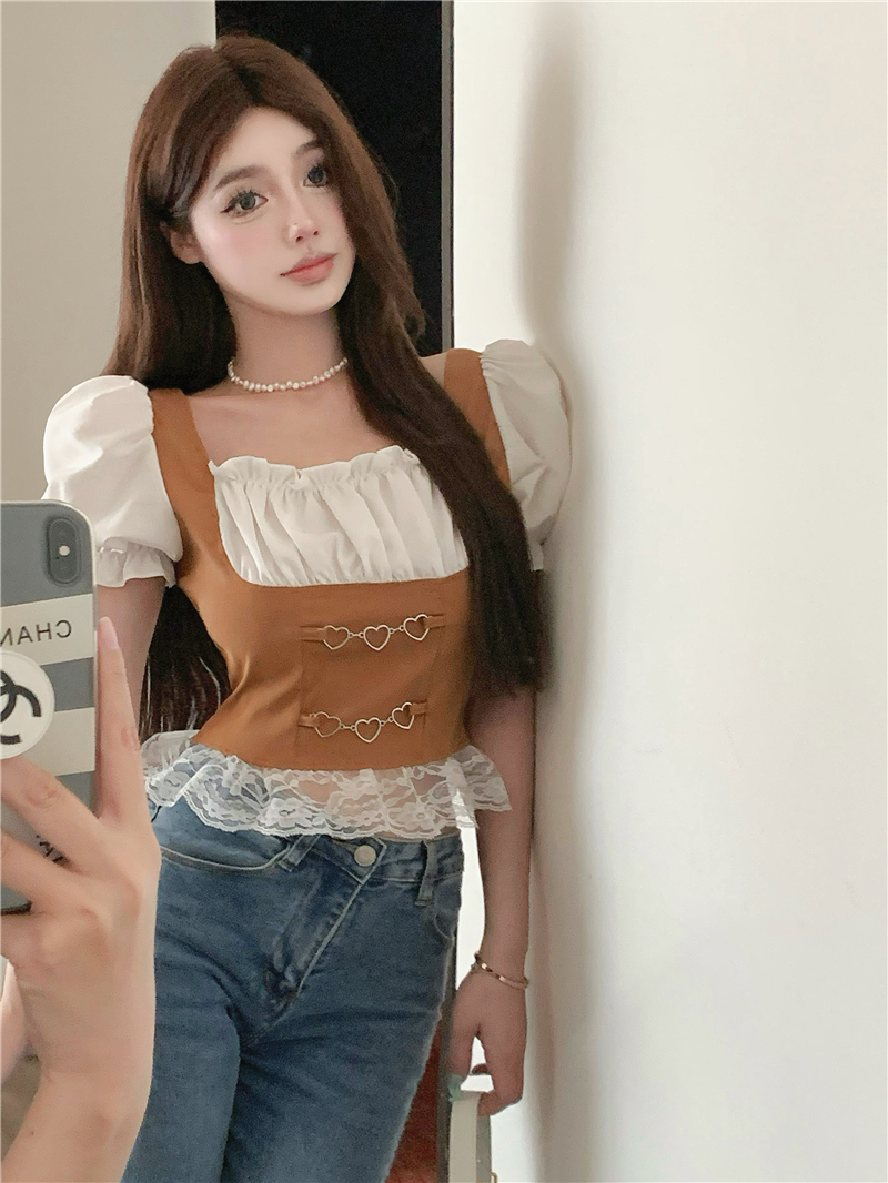 Summer short retro mixed colors square collar tops