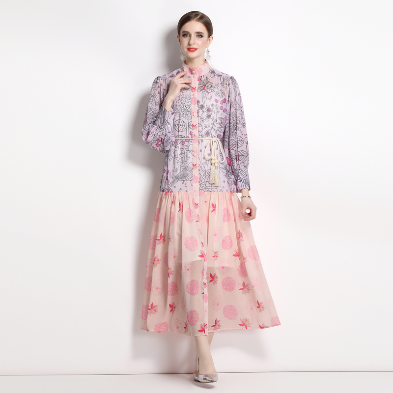 National style cstand collar spring printing dress