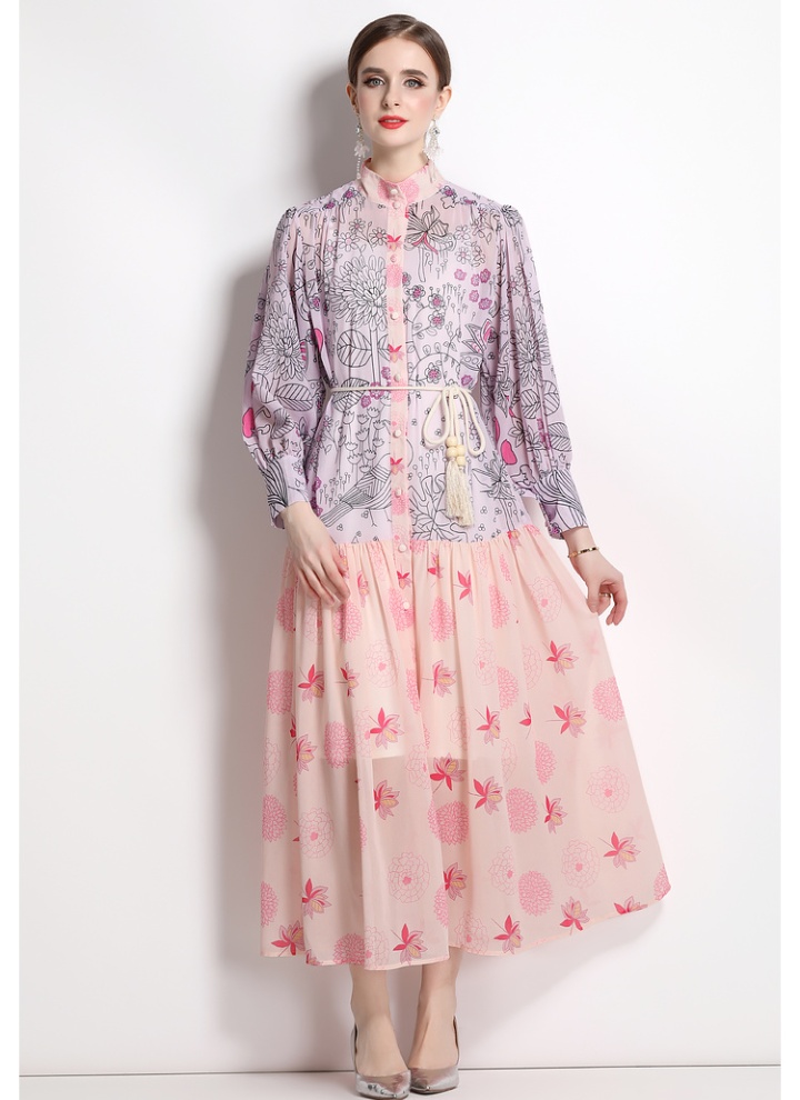 National style cstand collar spring printing dress