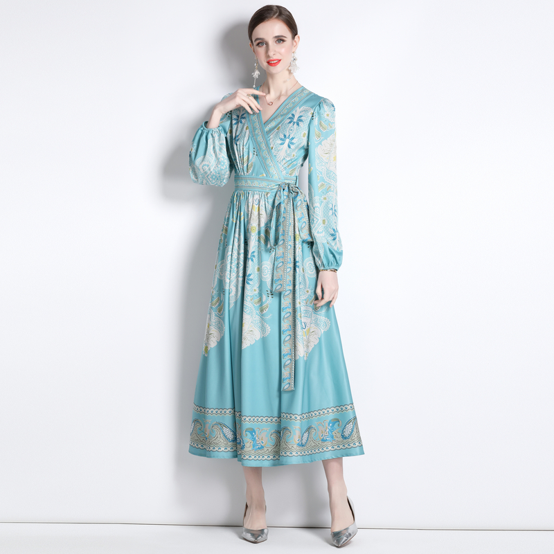 Printing long sleeve V-neck long national style dress