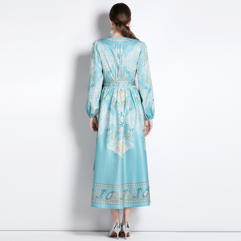 Printing long sleeve V-neck long national style dress