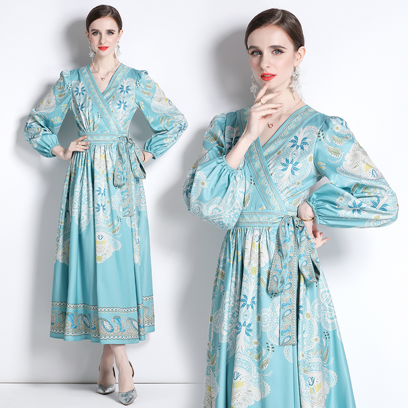 Printing long sleeve V-neck long national style dress