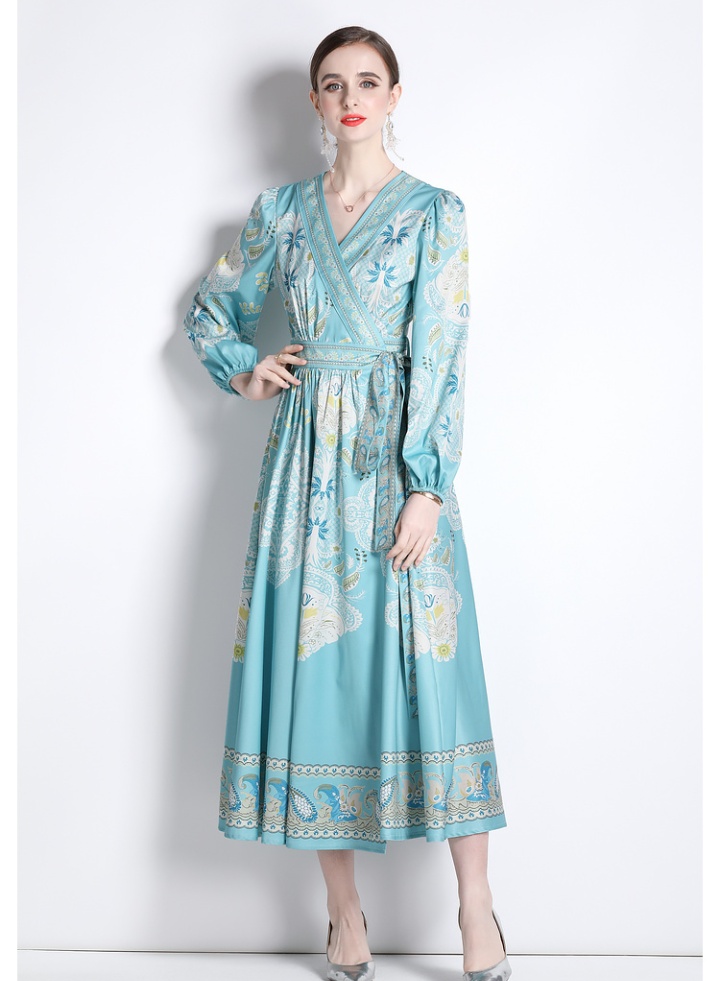 Printing long sleeve V-neck long national style dress