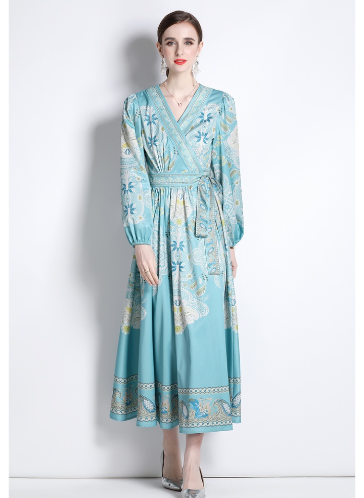 Printing long sleeve V-neck long national style dress