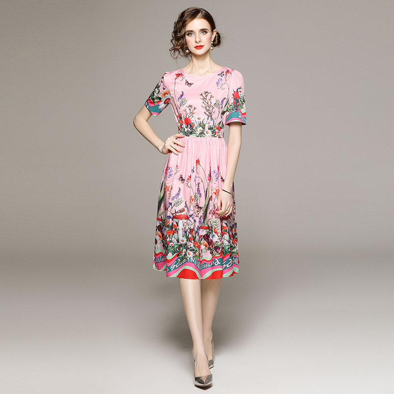 Fashion flowers lined European style short sleeve printing dress
