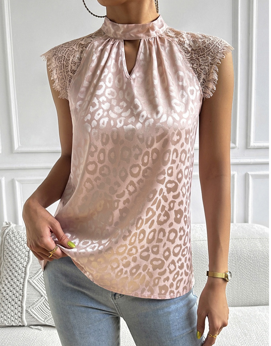 Splice cstand collar spring and summer leopard tops
