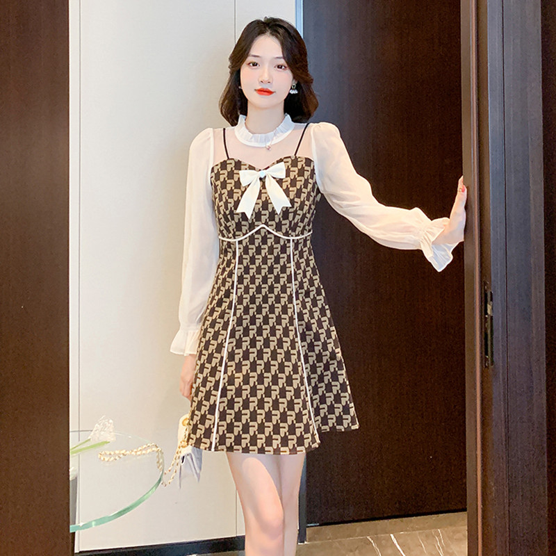 Pinched waist France style bow long sleeve slim dress
