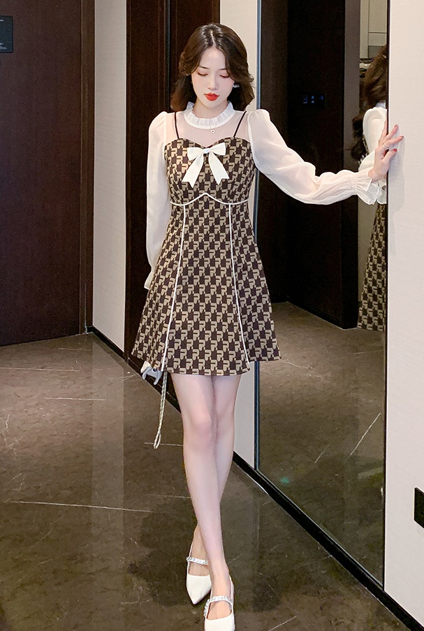 Pinched waist France style bow long sleeve slim dress