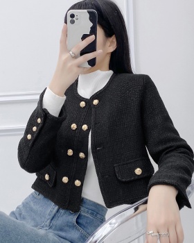 Black wool double-breasted tops loose retro coat for women