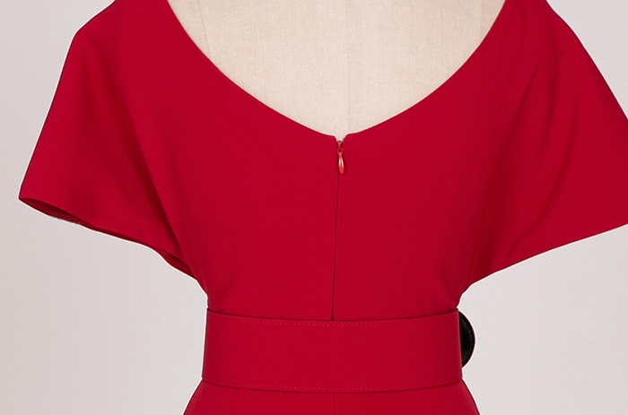 Pinched waist slim V-neck raglan sleeve spring with belt dress