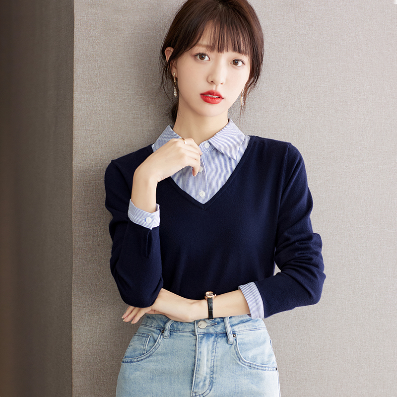Pseudo-two spring sweater shirt collar tops for women