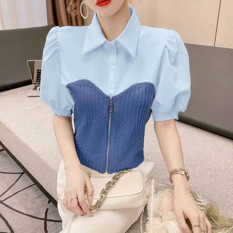 Short puff sleeve knitted shirt unique summer tops for women