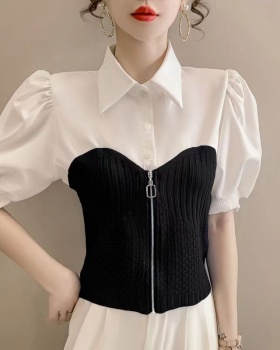 Short puff sleeve knitted shirt unique summer tops for women