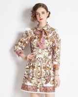 Printing slim pinched waist lapel France style dress
