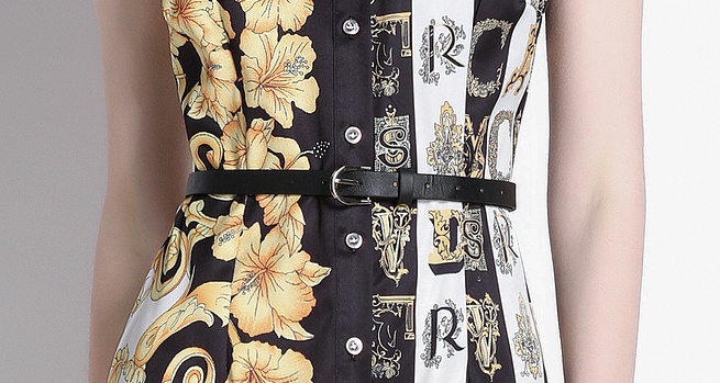 Retro with belt printing lapel sleeveless dress
