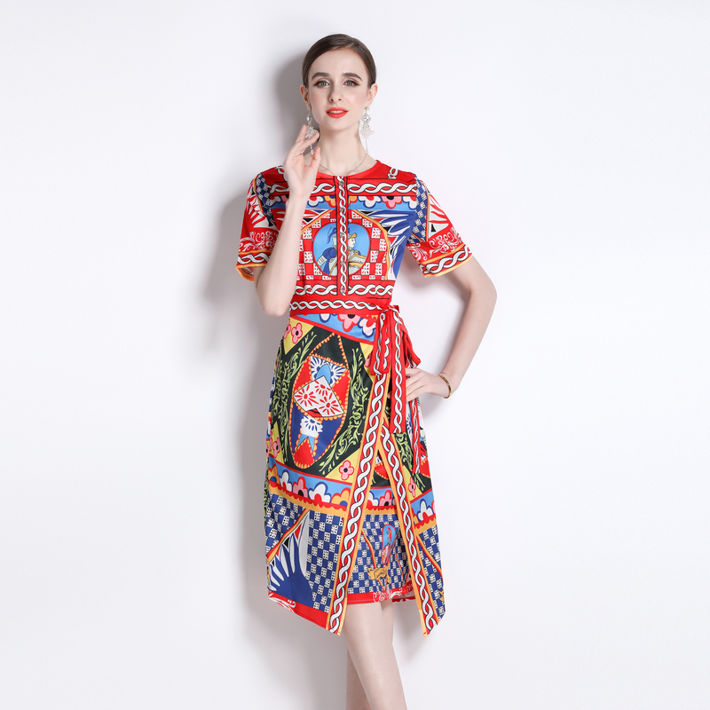 Pinched waist printing slim European style dress