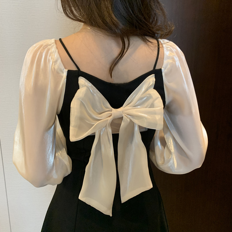 Gauze bow long sleeve splice France style dress