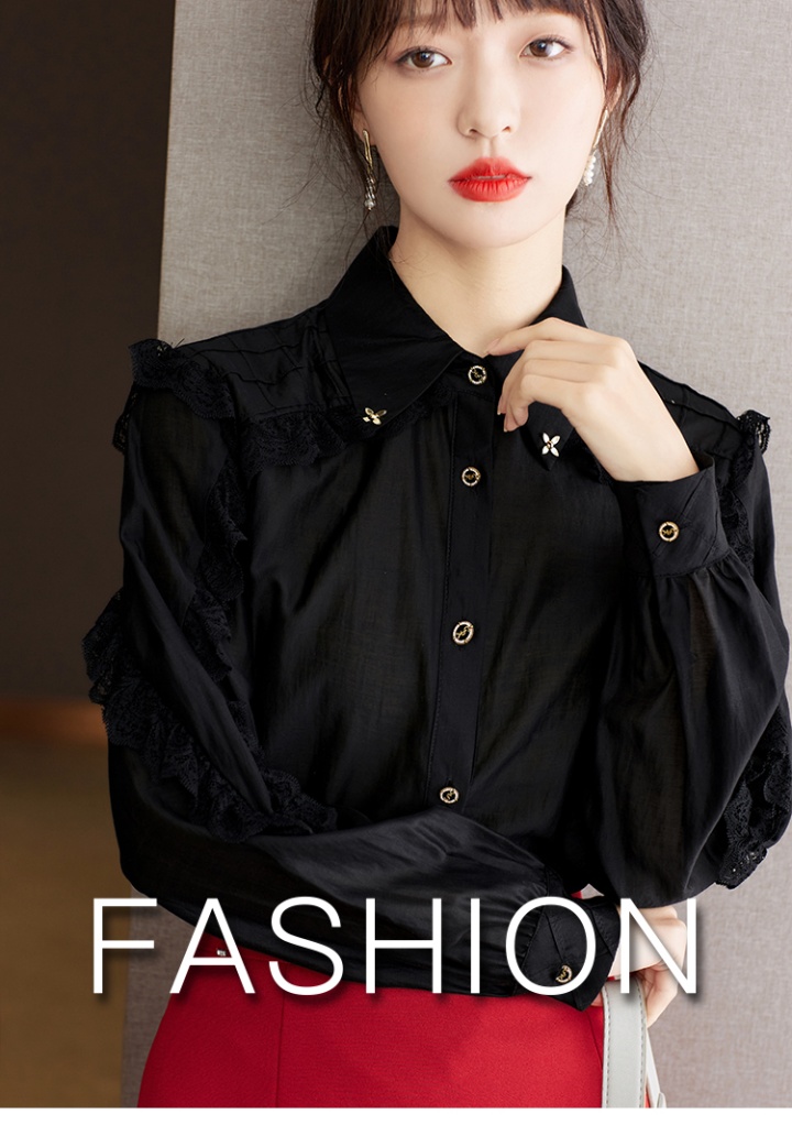 Lace chiffon long sleeve tops black temperament shirt