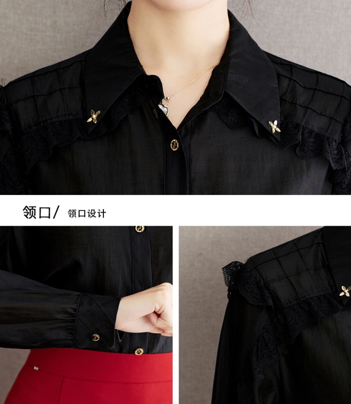 Lace chiffon long sleeve tops black temperament shirt