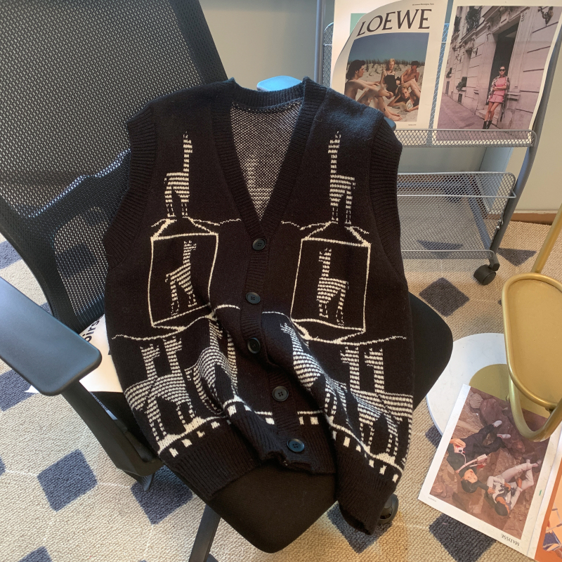 Jacquard retro cardigan fawn sweater for women
