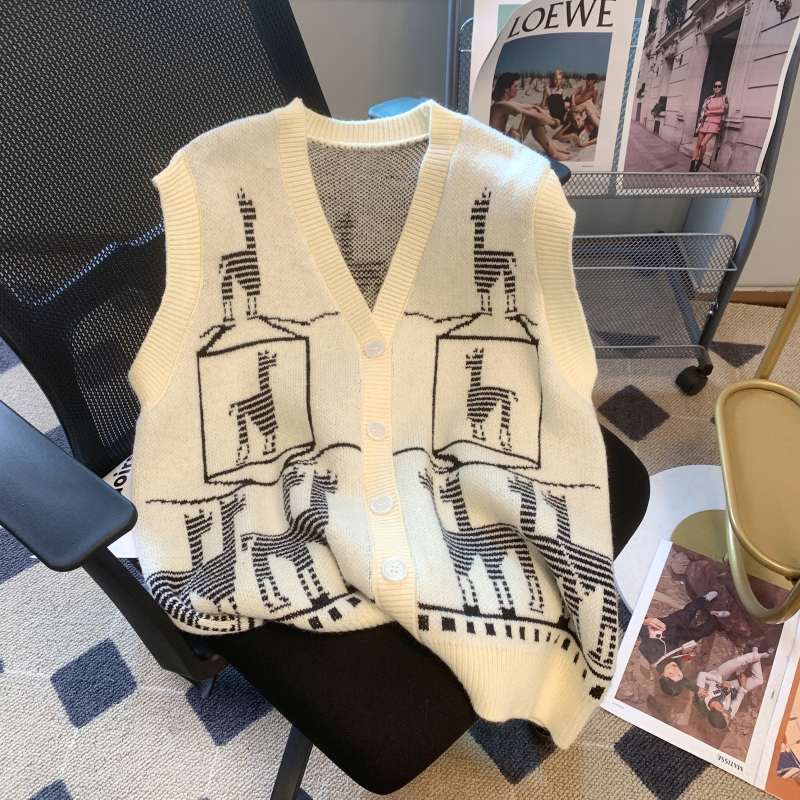 Jacquard retro cardigan fawn sweater for women