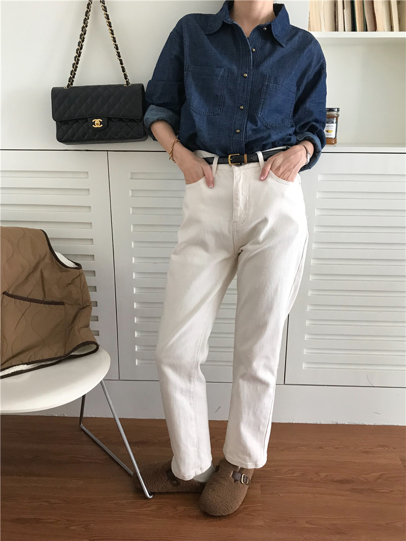 Simple all-match denim long sleeve Korean style shirt