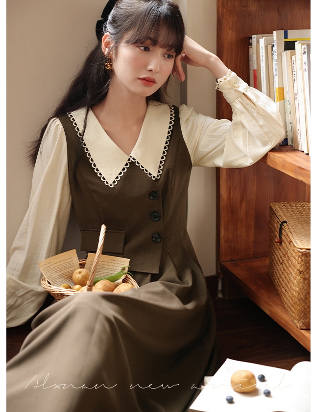 Pseudo-two retro all-match Korean style splice dress