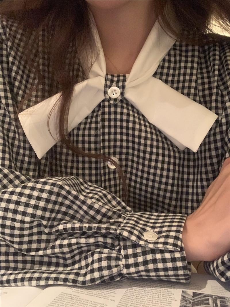 Sweet small plaid bow mixed colors France style shirt