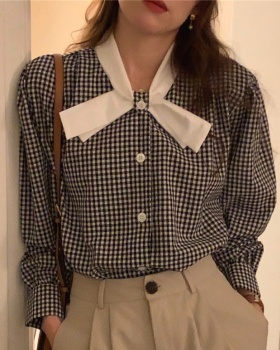 Sweet small plaid bow mixed colors France style shirt