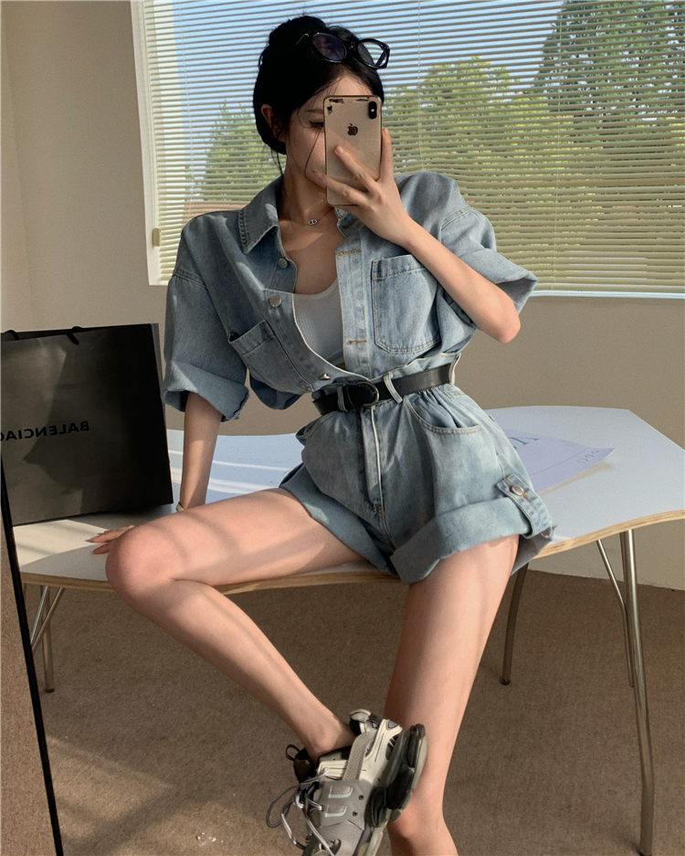 Short sleeve fashion shirt Korean style short jeans 2pcs set