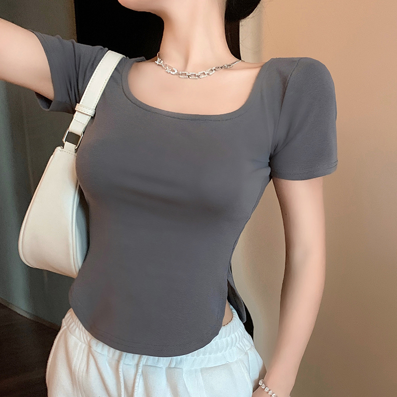 Slim square collar tops thin split T-shirt for women