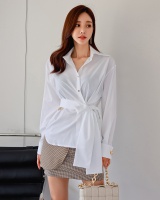 High waist lapel bow skirt white fashion shirt 2pcs set