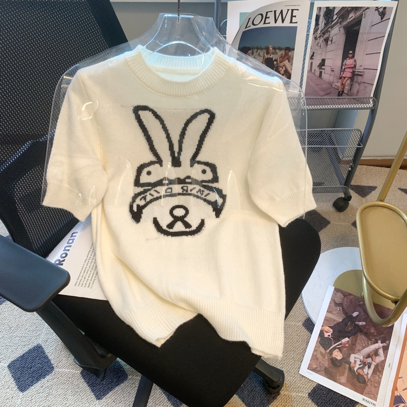Cartoon rabbit short sleeve spring jacquard sweater for women