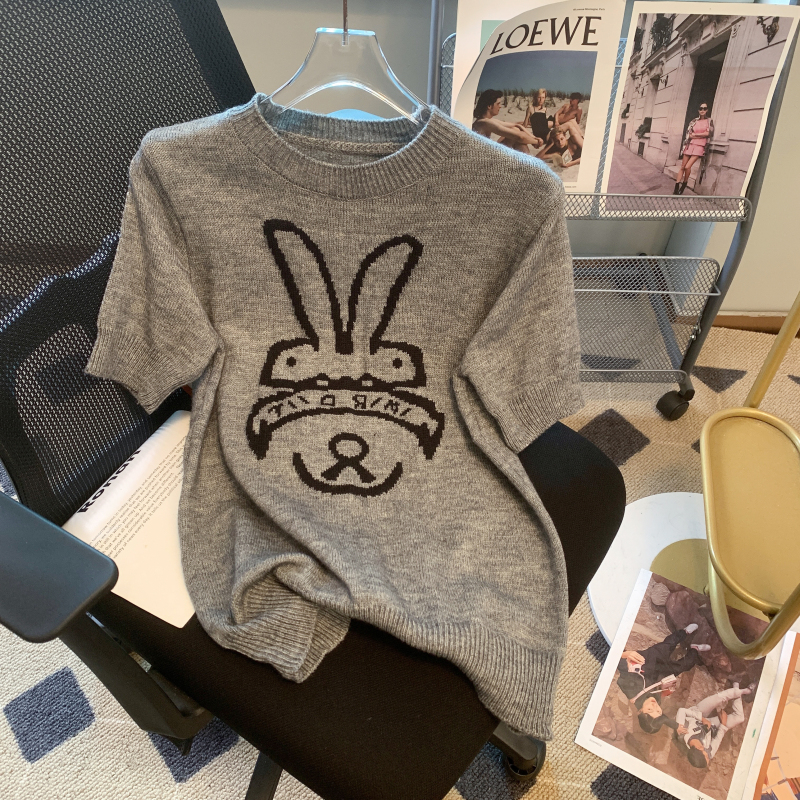 Cartoon rabbit short sleeve spring jacquard sweater for women