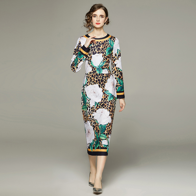 European style long sleeve printing elasticity fashion dress