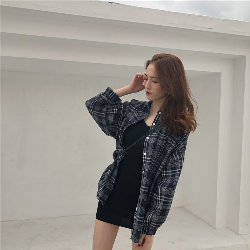 Halter Korean style long sleeve loose plaid shirt