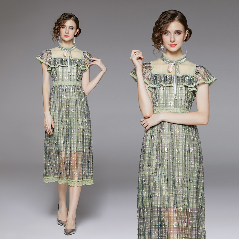 Dark-green elegant temperament lady noble embroidered dress