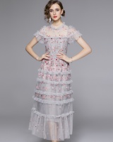 Round neck colors big skirt embroidery pinched waist light dress