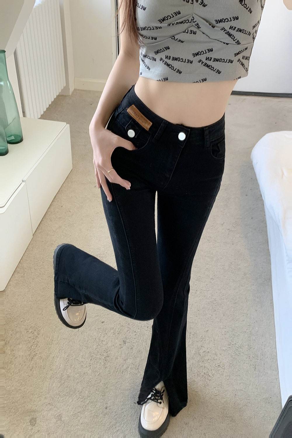 Temperament high waist slim jeans split mopping pants for women