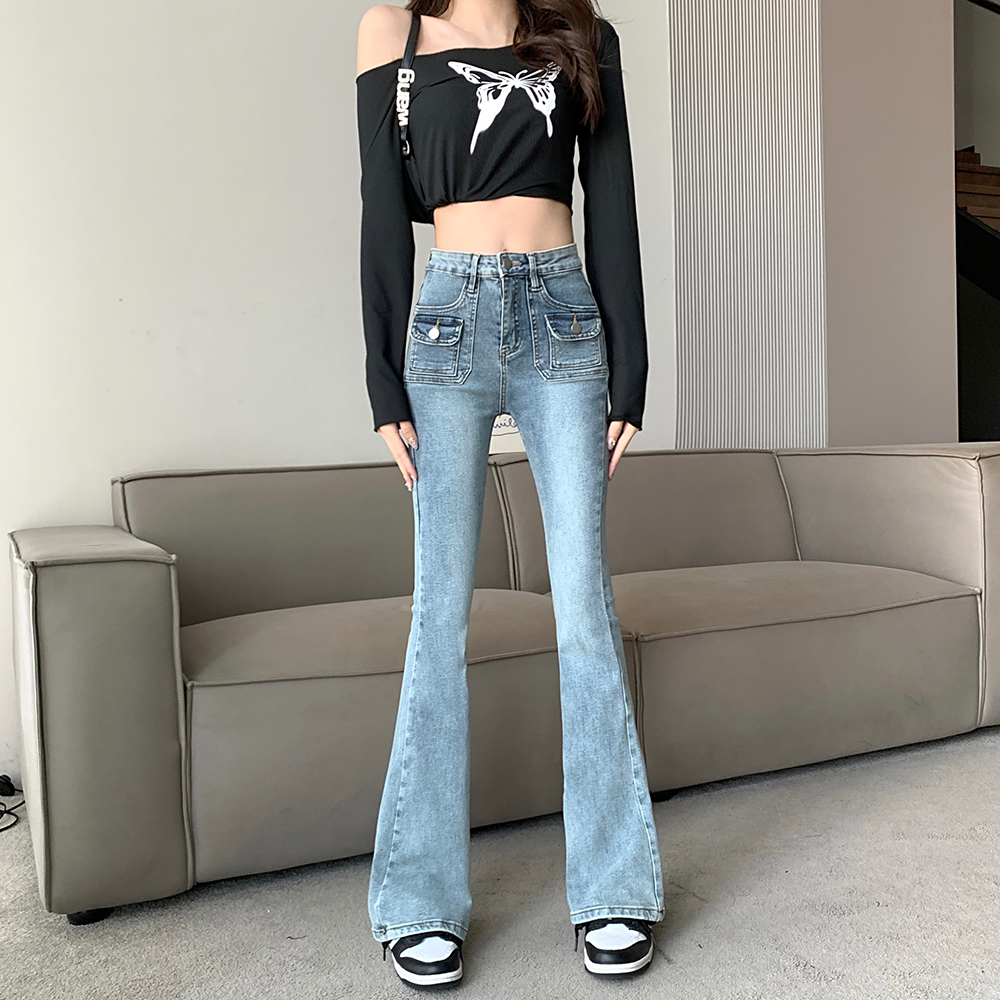 Micro speaker mopping jeans elasticity high waist flare pants