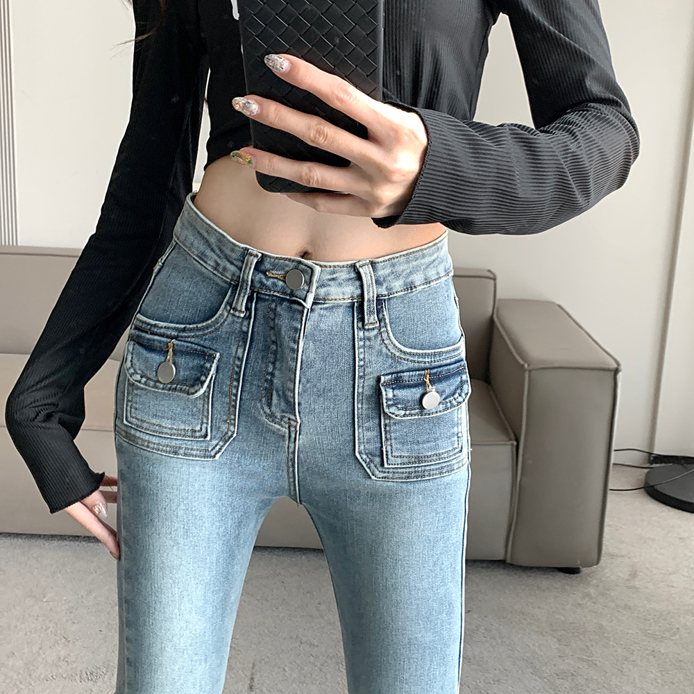 Micro speaker mopping jeans elasticity high waist flare pants