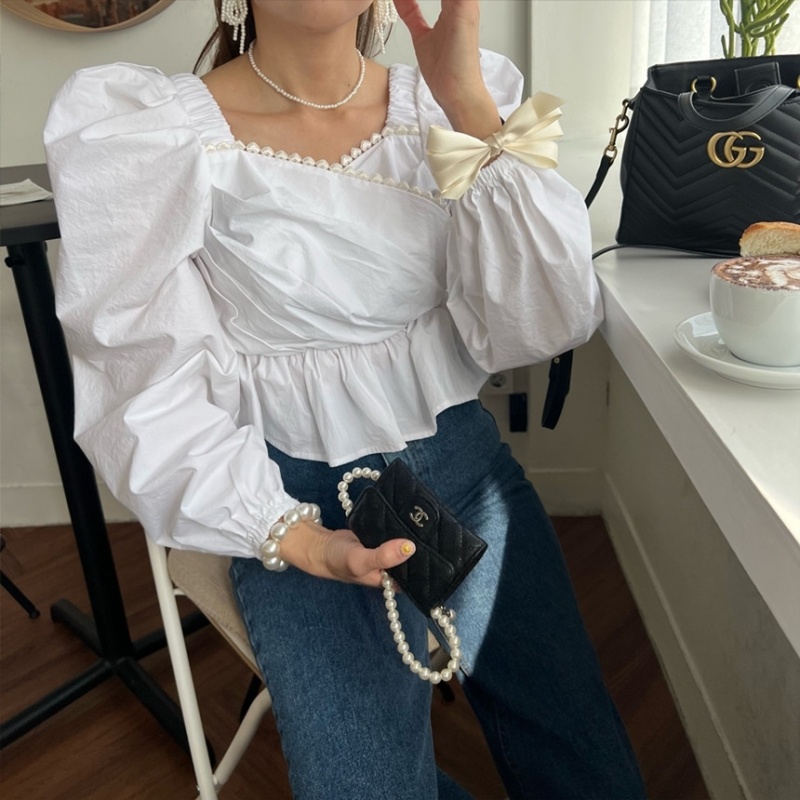 Spring puff sleeve tops Korean style lace shirt
