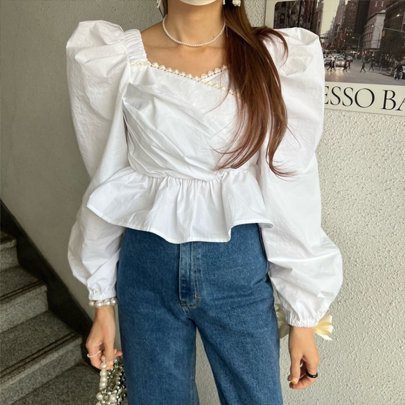 Spring puff sleeve tops Korean style lace shirt