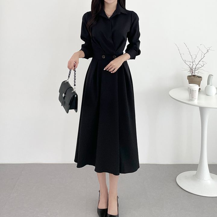 France style slim pinched waist long sleeve dress