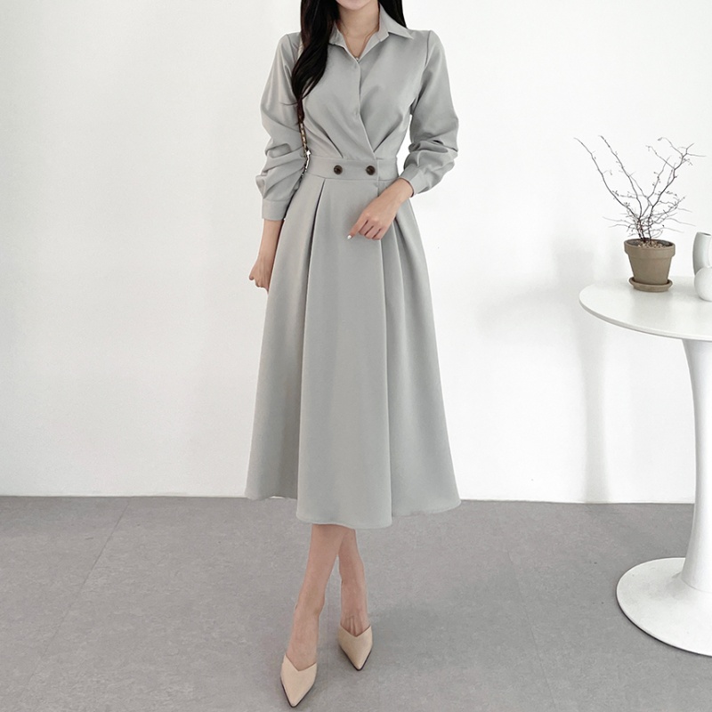 France style slim pinched waist long sleeve dress