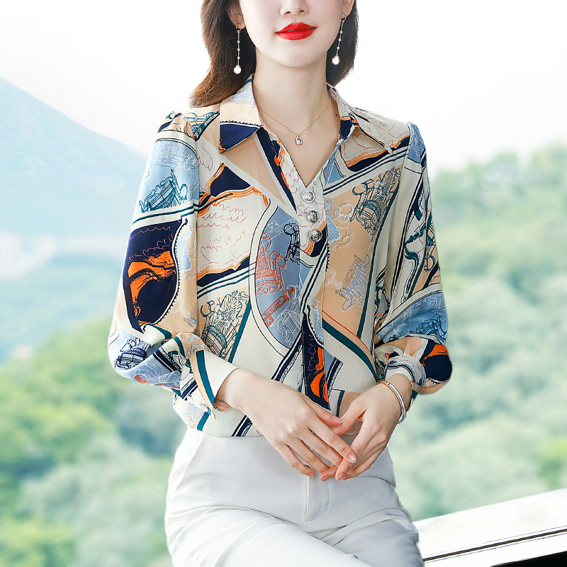 V-neck printing chiffon tops spring slim shirt for women