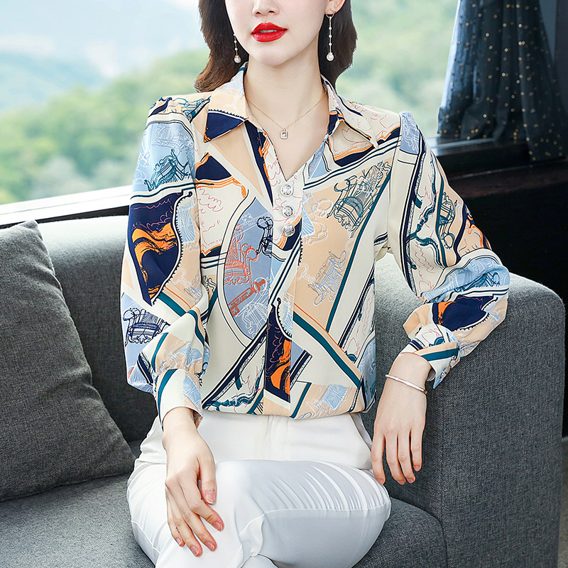 V-neck printing chiffon tops spring slim shirt for women